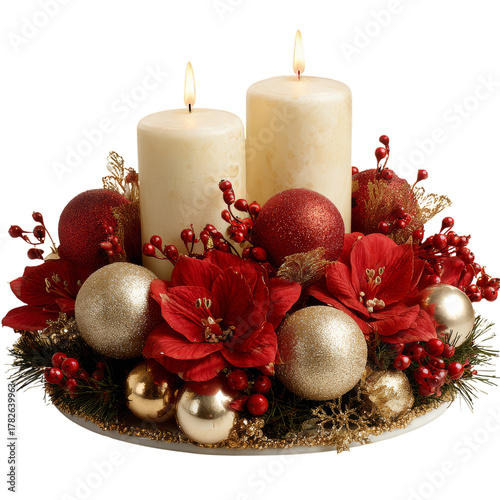 Decorative Holiday Centerpiece Featuring Red Flowers and Candles on Festive T...
