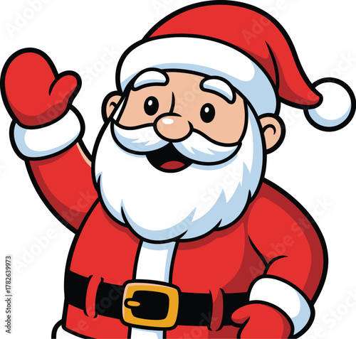 A cheerful cartoon illustration of Santa Claus waving with a friendly smile.