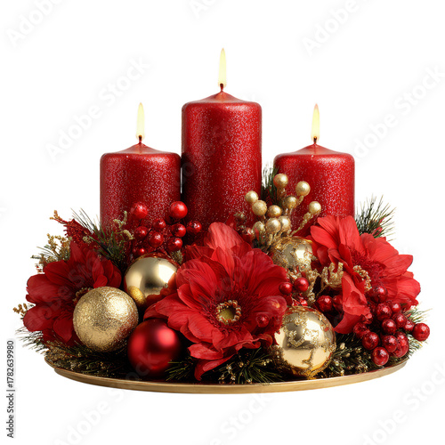 Decorative Holiday Centerpiece Featuring Red Flowers and Candles on Festive T...