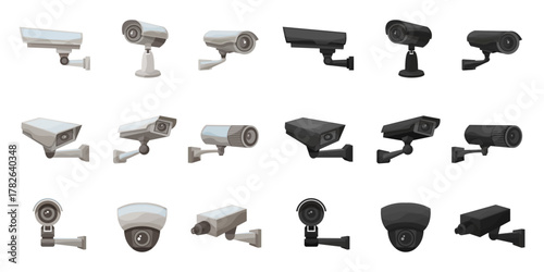 CCTV Camera Icon Set – Collection of Security Surveillance Cameras in Flat Design in Black and White