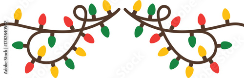Decorative Christmas lights with red, green, and yellow bulbs are arranged symmetrically.