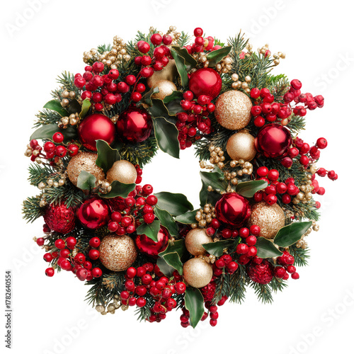 Beautiful Holiday Wreath With Red Berries and Golden Ornaments Displayed on a...