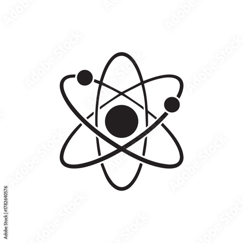 Black atom model with orbiting electrons isolated on white background