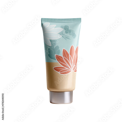 Natural Skin Cream in a Decorative Tube With Floral Design on a Pastel Backgr...