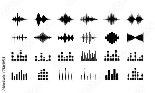 Audio Signal Icons Grid Simple Black Vector Set Set illustration, easily editable.