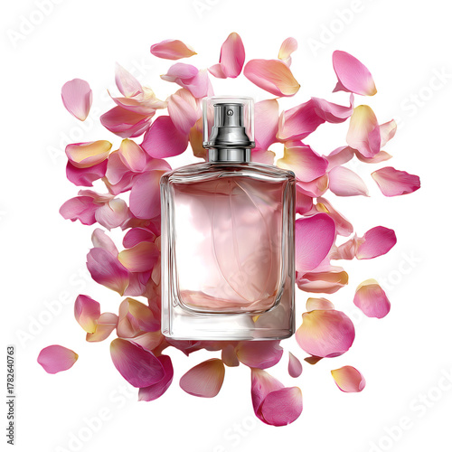 Beautiful Perfume Bottle Surrounded by Pink Rose Petals on White Background