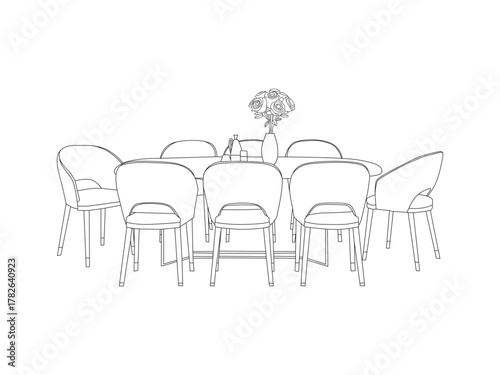 Minimal black and white line art of a modern dining table with chairs and a flower vase.
Perfect for interior design projects, furniture illustrations, home decor concepts, and coloring pages.