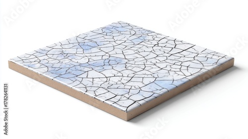 Single ceramic tile with crackle glaze texture and glossy finish, isolated on white background, realistic lighting