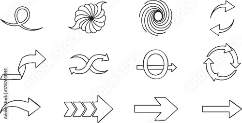 Collection of diverse directional and rotation arrows geometric symbols and abstract swirling elements for design concepts and navigation indicators