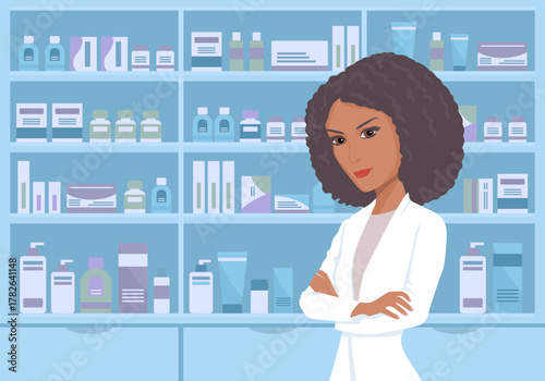 Black woman pharmacist in white coat in drugstore . Vector cartoon flat illustration.