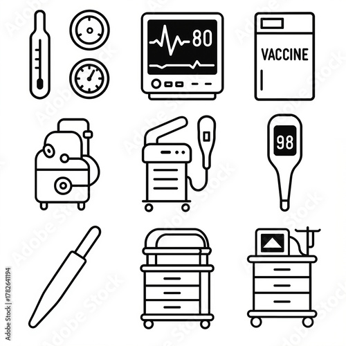 Medical equipment and devices in simple line art style  