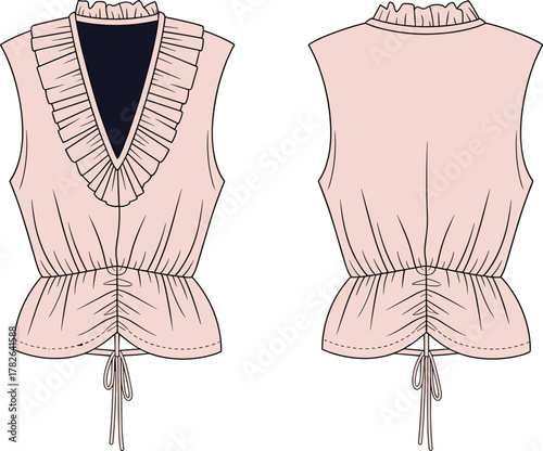 Sleeveless blouse front back view, pleated ruffle neckline, drawstring waist detail, fashion flat sketch, cad drawing, technical illustration