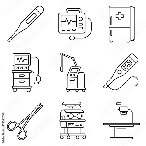 Medical equipment icons including thermometer, monitor, and scissors  