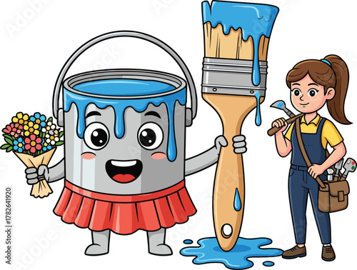 Cartoon paint can character, girl builder illustration, creative art tools, construction worker design, anthropomorphic object, children’s educational artwork, colorful vector