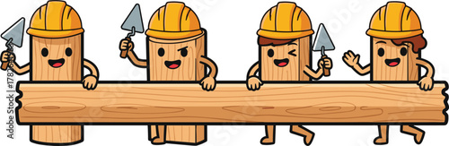 Cartoon wooden logs, construction teamwork illustration, funny worker characters, anthropomorphic logs, building beam carrying, playful construction art, teamwork concept