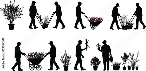 Gardening silhouettes, plant care, wheelbarrow work, pruning, teamwork, horticulture, outdoor activity, garden tools, potted plants, landscaping, nature, growth, spring, farming, eco-friendly, soil,