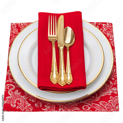 Elegant Dining Setup With Gold Utensils and Red Decor for Special Occasions