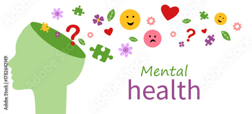 Banner mental health. Flowers, emoticons, puzzles fly from your head. Psychology, problem-solving, mental health