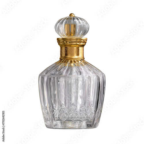 Elegant Crystal Decanter With Gold Detailing on Display in a Bright, Modern S...