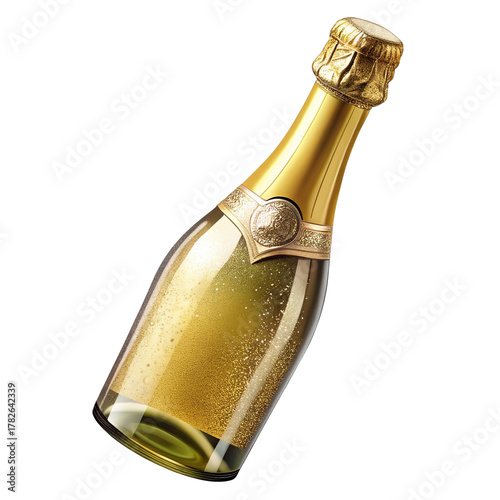 Illustration of a golden bottle of champagne with glitter inside, isolated on transparent background