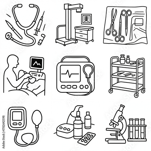 Medical tools and equipment illustrated in black and white design  