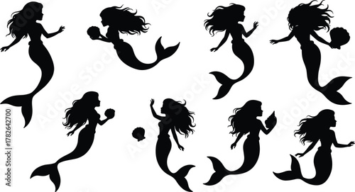 Mermaid silhouette vector, black mermaid illustration, fantasy sea creature, swimming pose, long hair, aquatic theme, mythical design, underwater art, ocean magic, decorative graphic