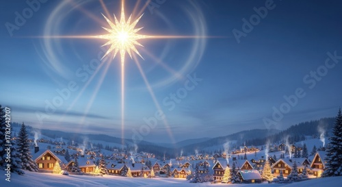 Christmas star shines over snow covered village