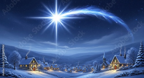 Christmas star over snowy village, winter holiday background