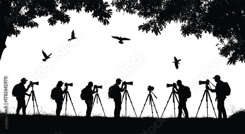 Silhouette photographers, bird watching, nature photography, tripod setup, flying birds, forest canopy, outdoor wildlife, scenic moment, peaceful scene, black and white, artistic composition**