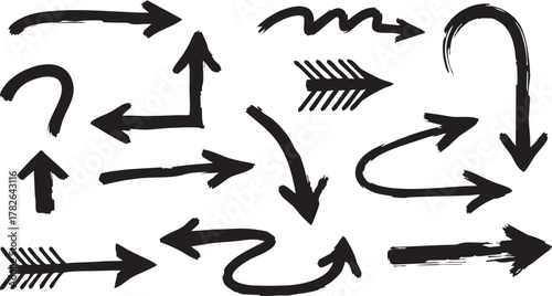 Large collection of hand drawn grunge arrows providing various directional pointers and navigation symbols on isolated background