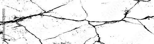 Cracked surface pattern displaying intricate details of a dry and damaged terrain. Fractured surface, a network of deep cracks radiating across a white background. 