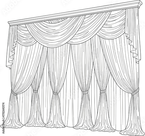 PrintElegant Luxury Window Curtains and Drapes Line Art Vector Illustration - Victorian Interior Sketch