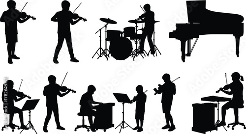 Musicians silhouette, playing instruments, violin, piano, drums, ensemble performance, concert scene, music group, artistic expression, stage lights, orchestra, harmony, live show, creativity