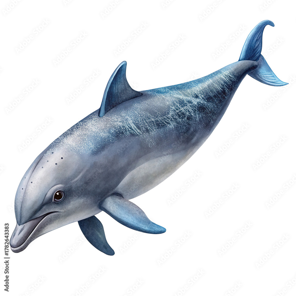 Obraz premium Illustration of a sleek blue dolphin leaping out of the water, isolated on transparent background