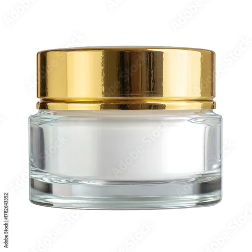 Clear Glass Jar With Gold Lid Containing a White Cream for Skincare