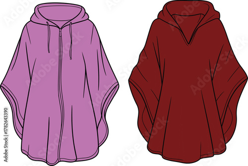 Stylish women poncho hoodie design, fashion outerwear template, cozy winter cape flat sketch, casual pullover garment, CAD drawing flat vector illustration