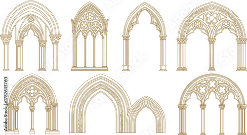  Gothic architecture illustration set, pointed arches and ornate windows, ribbed vaults tracery design, medieval cathedral style decorative line art drawing