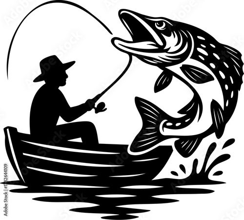 Fisherman with fishing rod catching fish, black and white vector illustration of outdoor activity and hobby line art for sport fishing design, adventure logo, and nature projects