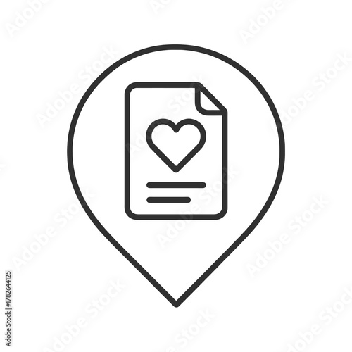 Thin-line loyalty document icon inside a circular pin, symbolizing client care and trust. Perfect for CRM, feedback, and customer relation dashboards.