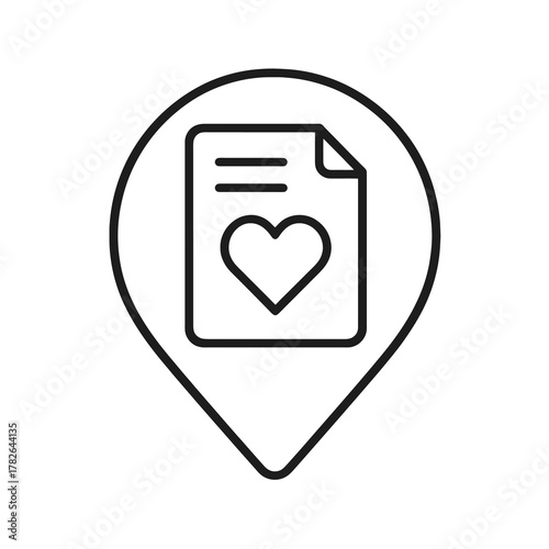 Minimalist line vector of a document with a heart in pin shape, representing loyalty, support, and long-term business relationships.