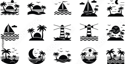 Coastal silhouette icons, nautical vector artwork, seaside nature design, tropical beach graphics, sailboat and lighthouse illustration, ocean waves sunset scene