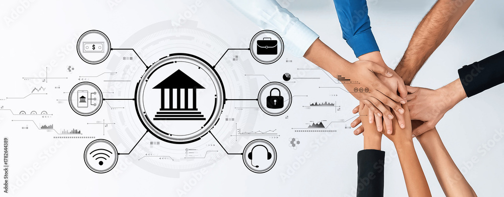 Obraz premium Hands unite above various banking icons to represent collaboration and trust in the finance industry, showcasing the impact of digital technology on modern banking practices. Trope