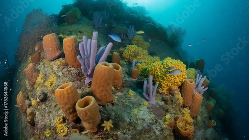 Fototapeta Naklejka Na Ścianę i Meble -  Vibrant coral reef teems with diverse marine life and colorful sponges creating a breathtaking underwater ecosystem