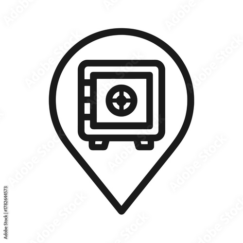 Black safe box icon inside a circular pin, representing secure banking and financial protection. Ideal for treasury dashboards and fintech UIs.