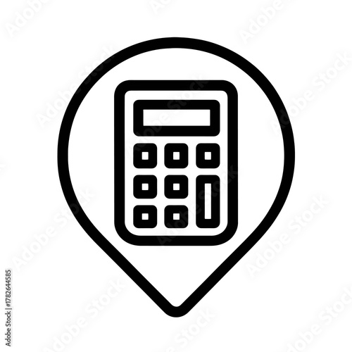 Black calculator icon inside a circular pin, symbolizing finance and accounting. Perfect for treasury dashboards and business management UIs.