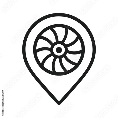 Black turbo fan icon inside a circular pin, symbolizing power and acceleration. Perfect for performance dashboards and automotive UI.