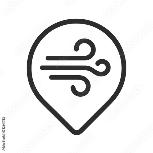Black wind swirl icon inside a circular pin, representing airflow and motion. Ideal for weather apps, dashboards, or motion analytics.