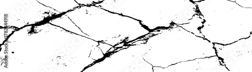 Cracked surface pattern displaying intricate details of a dry and damaged terrain. Fractured surface, a network of deep cracks radiating across a white background. 
