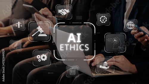 Obraz na plátne Professionals discuss AI ethics at a technology conference, highlighting the importance of responsible use of artificial intelligence in various industries and its societal impacts
