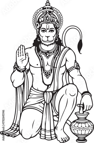 Illustration of Hindu deity Hanuman kneeling and holding a holy pot offering blessings with his hand done in line art